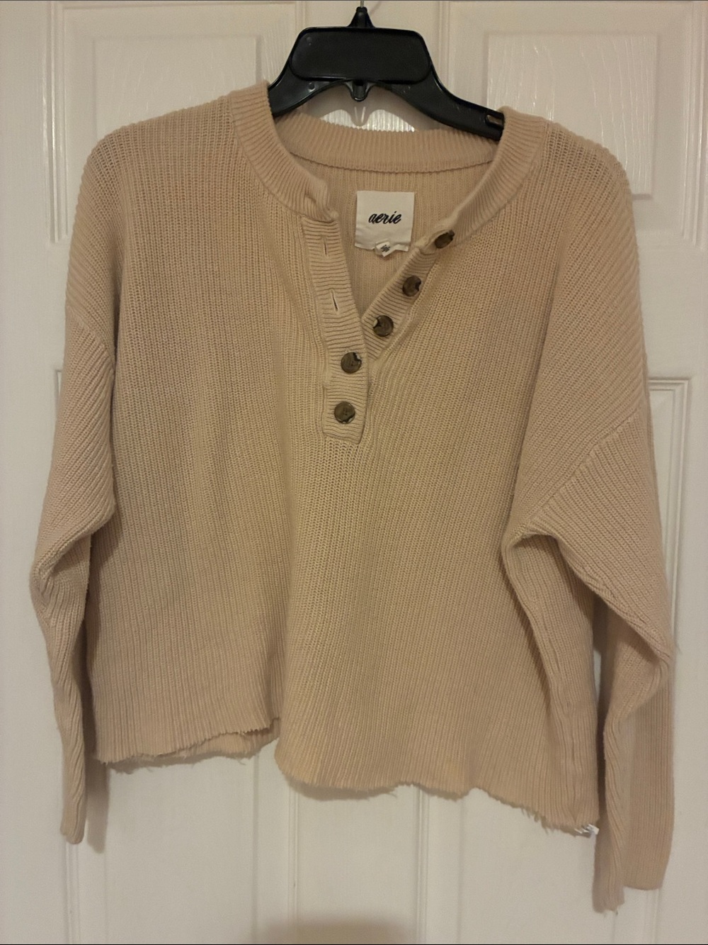 Aerie Cream Ribbed Henley Pullover with Button Placket